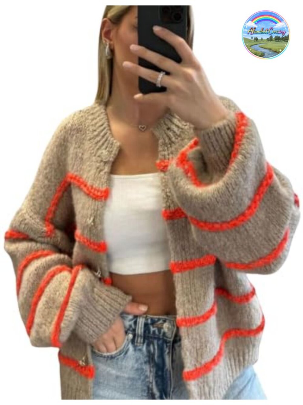 Oversized Striped Knit Cardigan Button Down Long Sleeve Crewneck Sweater